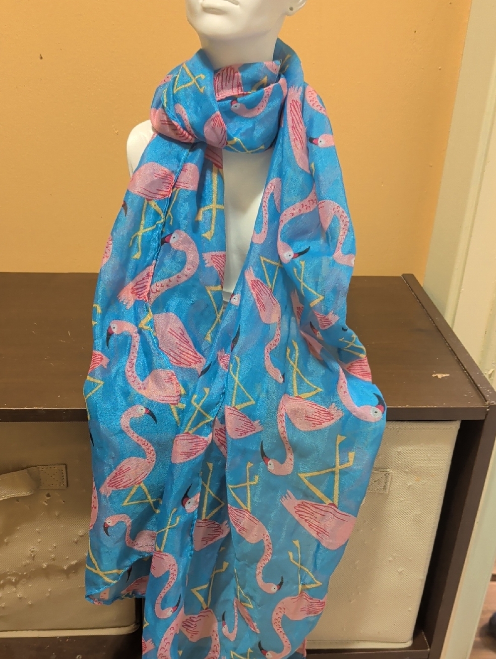 Blue Scarf with Pink Flamingo Print